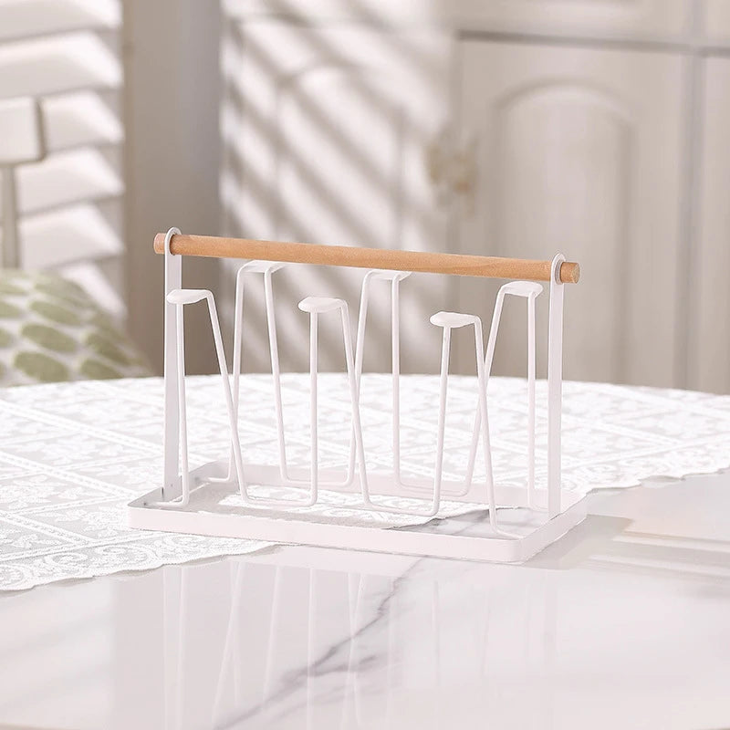 6-Cup Glass Cup Drying Rack Wooden Handle Countertop