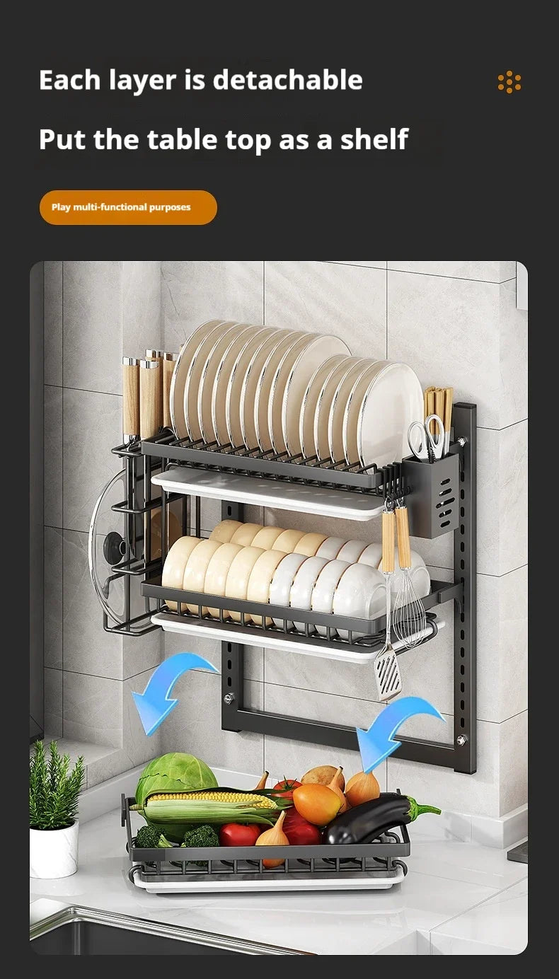 Wall-Mounted Dish Rack Organizer Drainboard Cutlery Storage