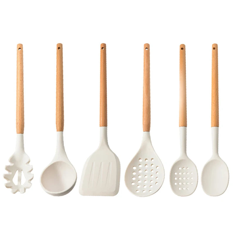 White Silicone Wooden Handle Soup Spoon Spatula Brush