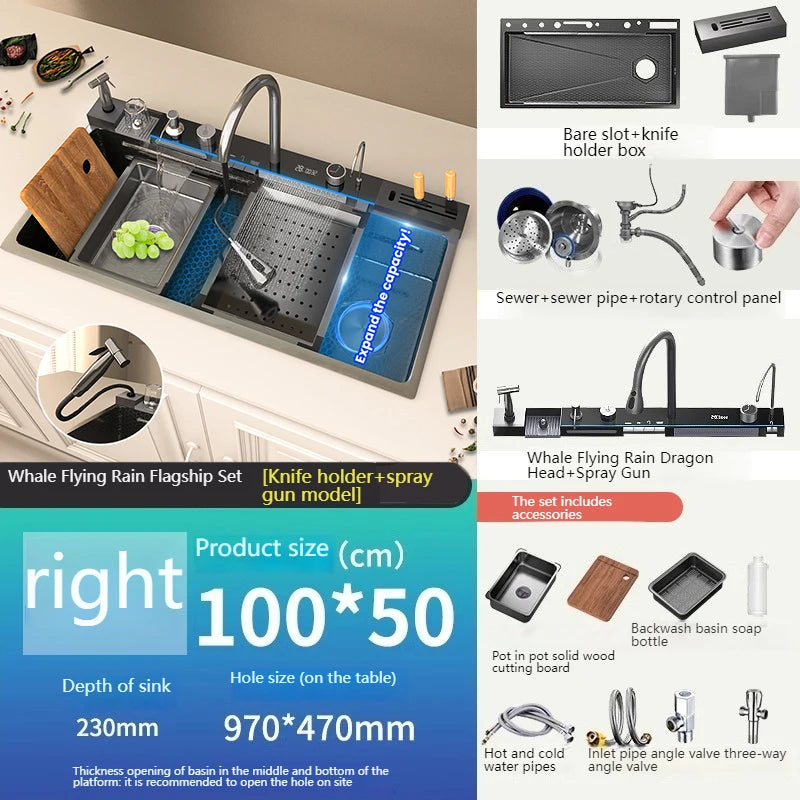 Stainless Steel Sink Digital Display Waterfall Large Slot