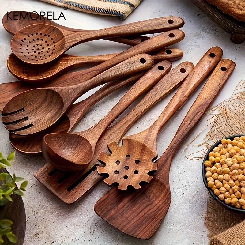 10pcs Natural Wooden Cooking Utensils Kit - Spoons