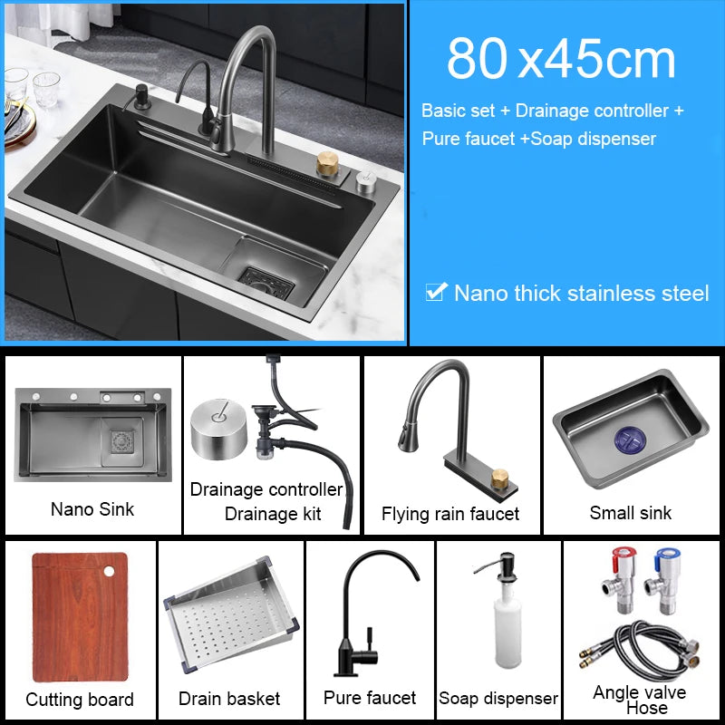 Black Nano Sink Waterfall Faucet Large Bowl Cup