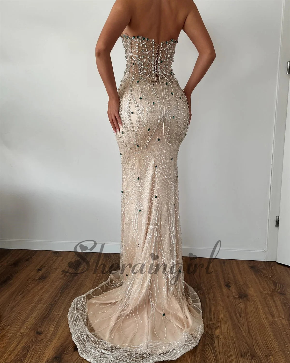 Sherain Bling Mermaid Prom Dress Rhinestones Sleeveless Brush