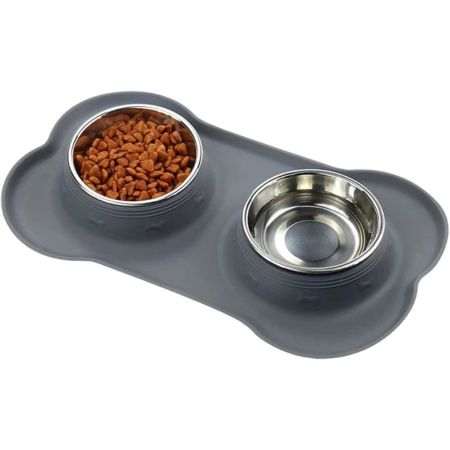 Antislip Double Dog Bowl Silicone Mat Durable Stainless