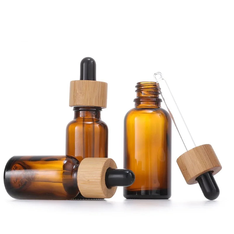 5ml-100ml Dropper Bottle Bamboo Wood Lid Brown Glass
