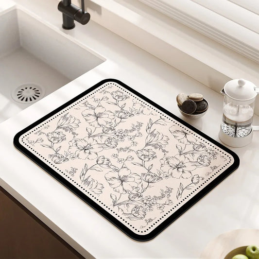 Counter Drying Mat Floral Pattern Printed Diatomaceous Earth