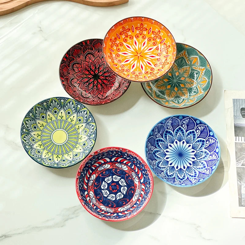 6-Piece Bohemian Hand-Painted Underglaze Ceramic Plates -