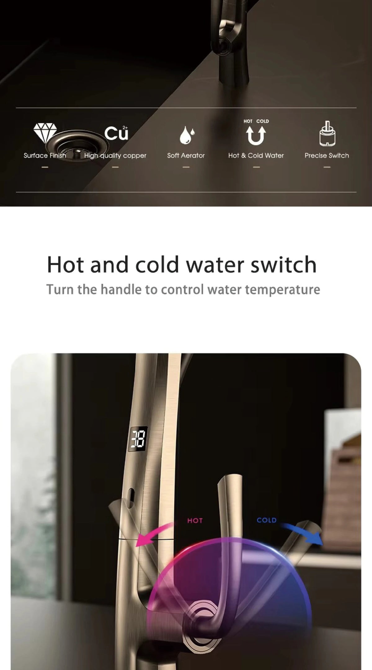 Luxury Gunmetal Brass Faucet Led Display Sensor&Pull-Out