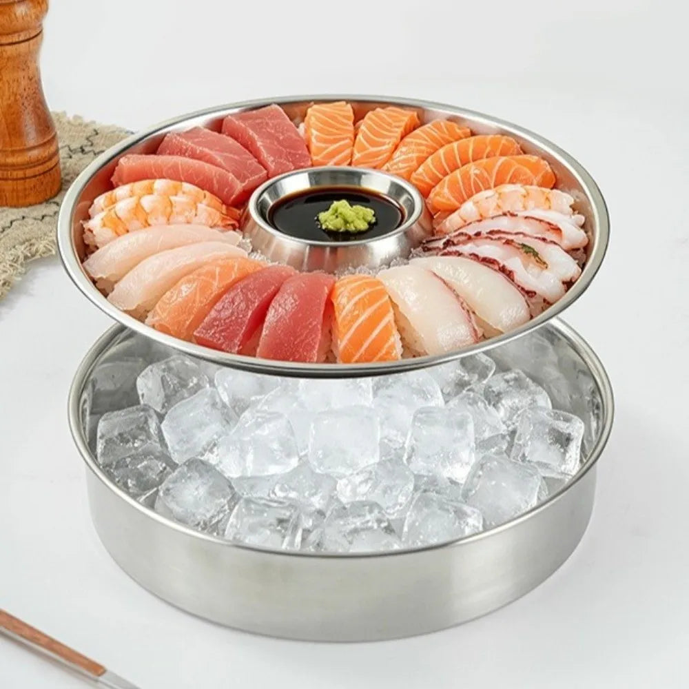 Stainless Steel Sashimi Ice Plate Dipping Dish Detachable