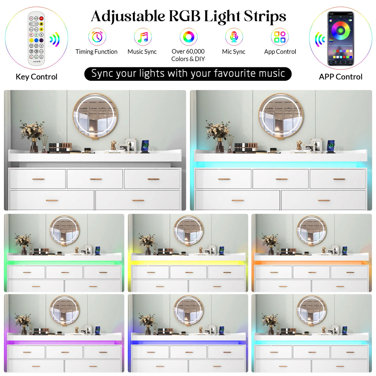 Drawer Dresser Led Light Charging Station Modern Chest