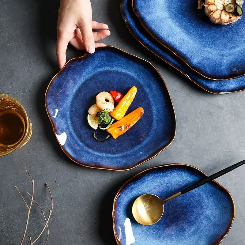 Ceramic Plates Deep Blue Irregular Flat Plate Pottery