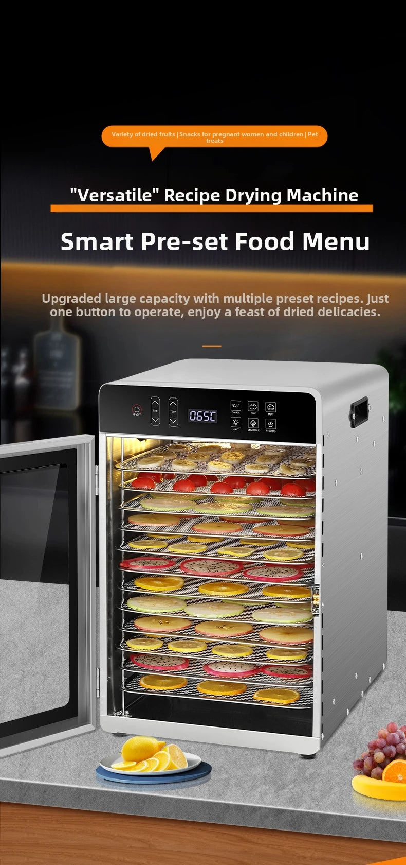 Smart Touch Screen Food Dehydrator 12 Layers Stainless