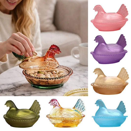 Vintage Glass Chicken Shaped Dish Lid Hen On