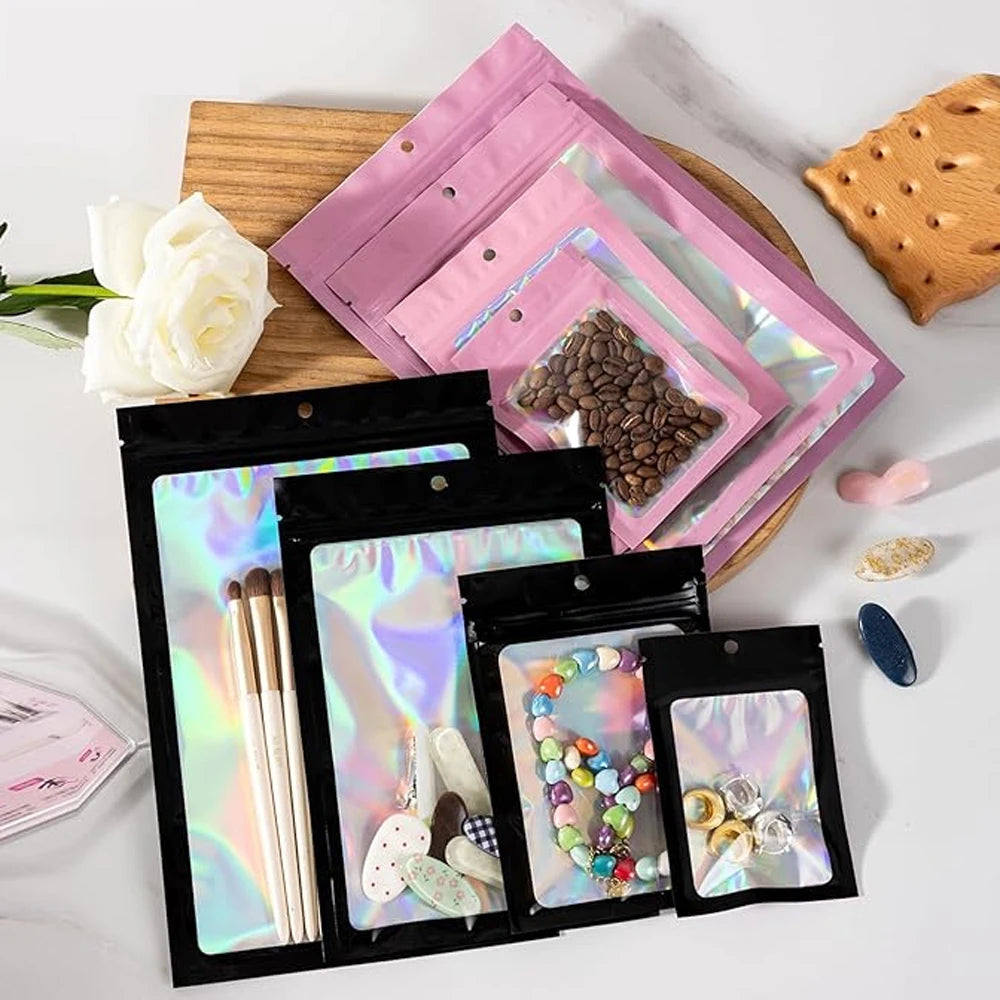 1000/10pcs Holographic Ziplock Bags Plastic Laser Iridescent Zip