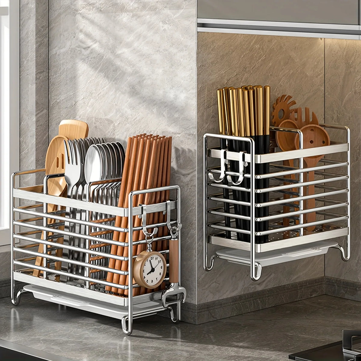 No-Drill Wall Mount Utensil Holder Stainless Steel Organizer