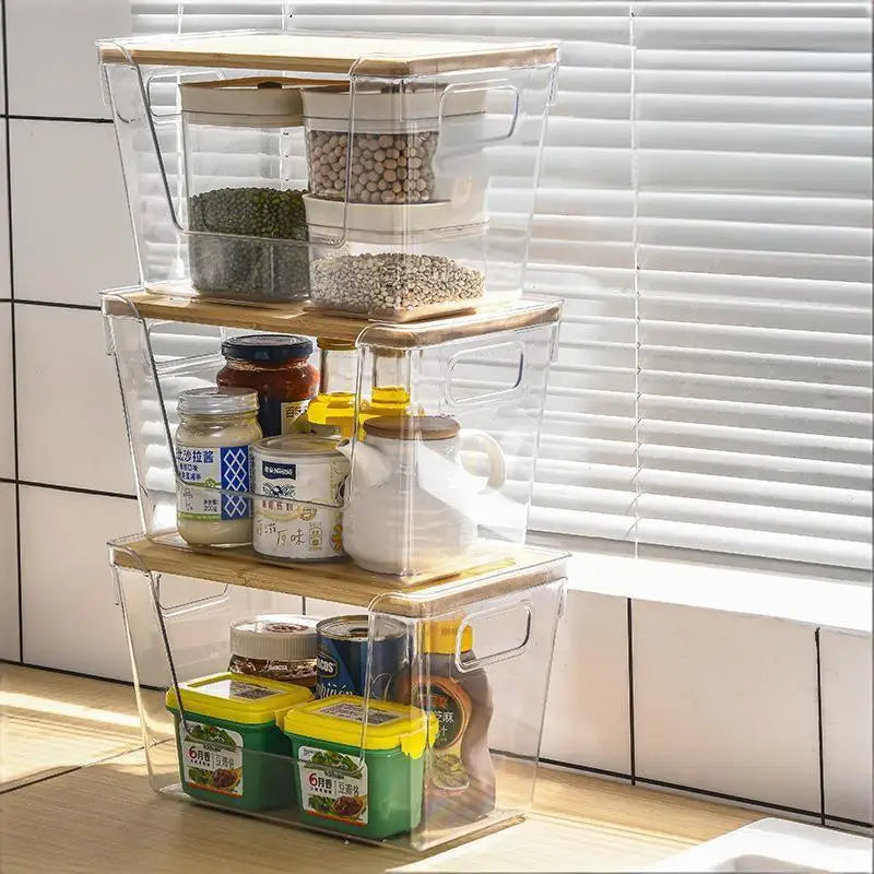 Stackable Pantry Organizers Wooden Lids Storage Clear Bins
