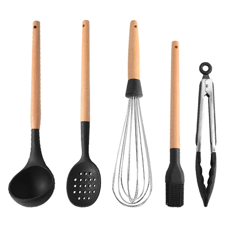 White Silicone Wooden Handle Soup Spoon Spatula Brush