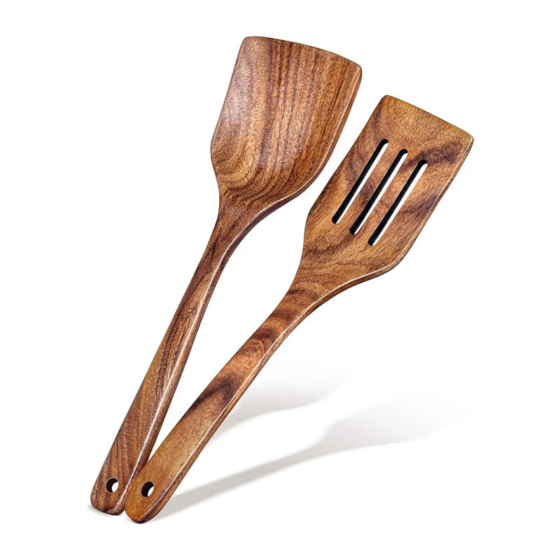 2pcs Wooden Spatula Acacia Wood Long Handle Flat