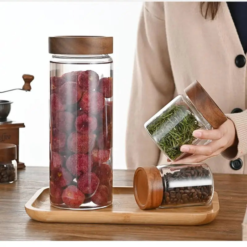 Coffee Beans Sealed Tank Transparent Glass Container Wood