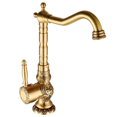 Tuqiu Antique Brass Bathroom Faucet Carved Deck Mounted