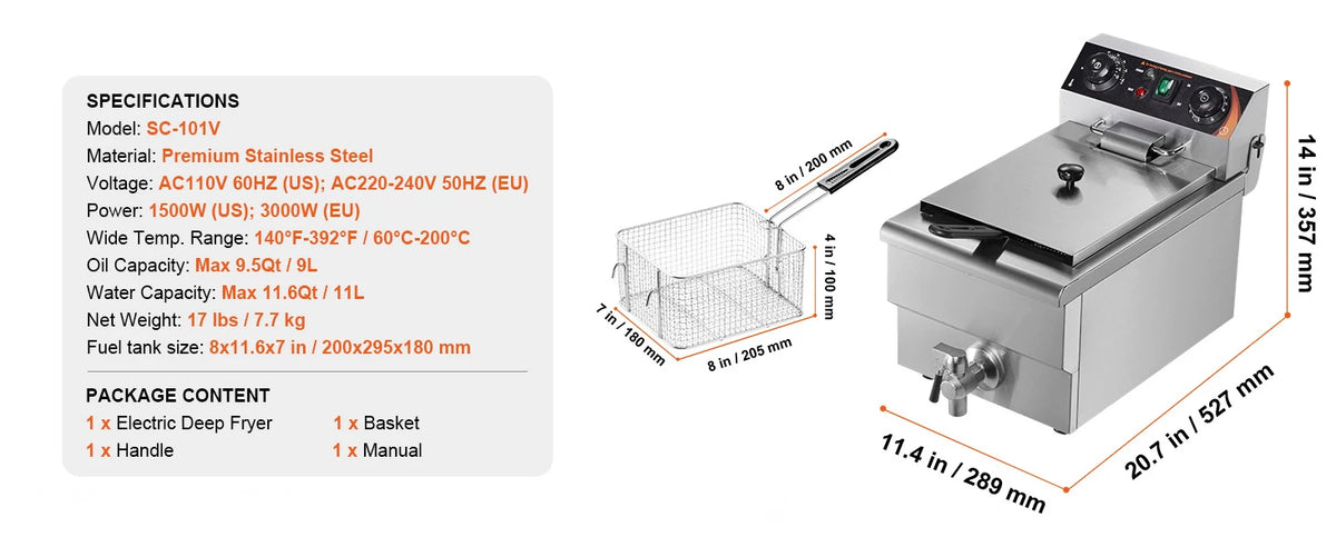 Succebuy Commercial Deep Fryer Electric Countertop Fryer Basket