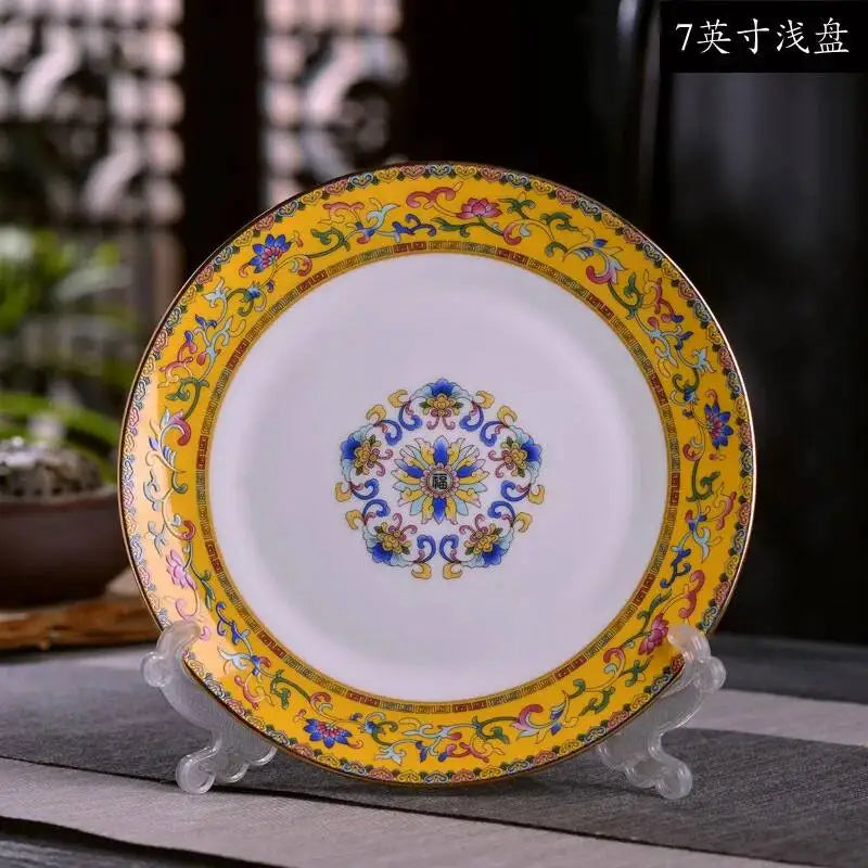 Gold Border Enamel Deep Plate Chinese Bone China