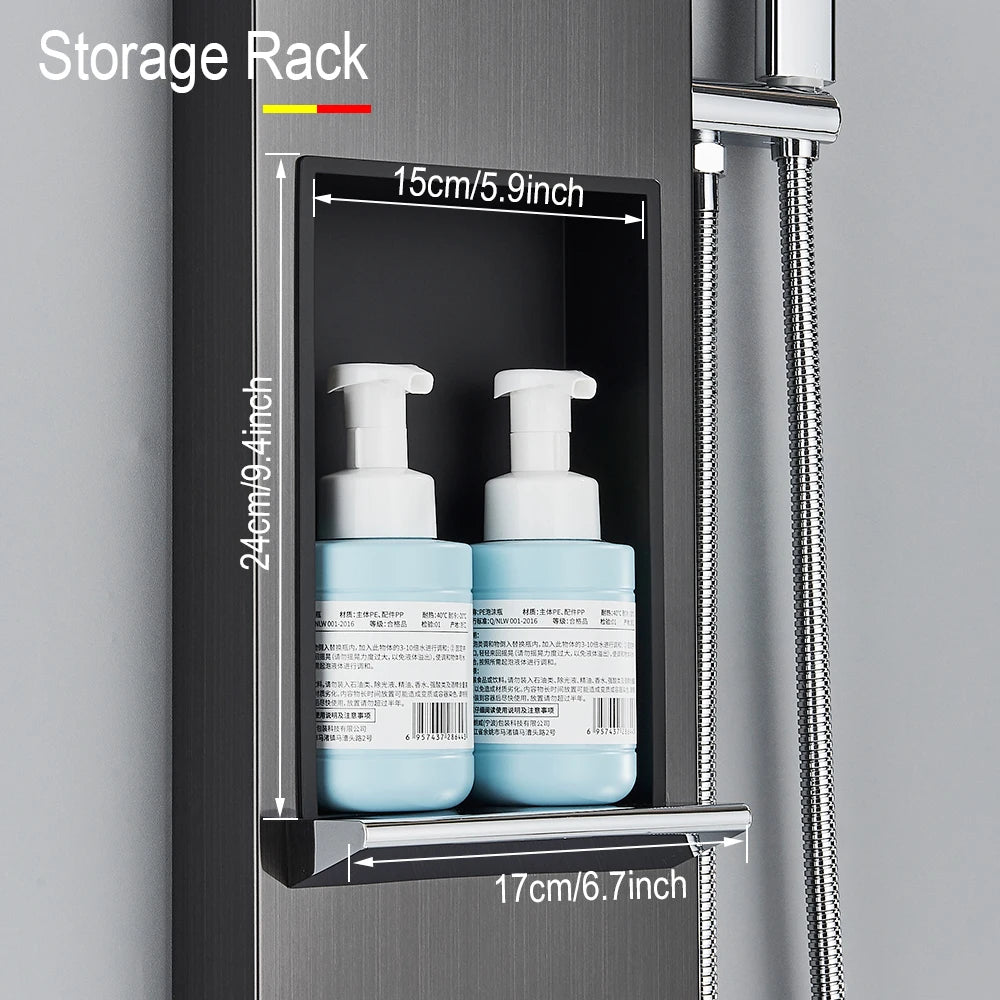 Black Shower Panel Storage Rack Rainfall Shower Faucet