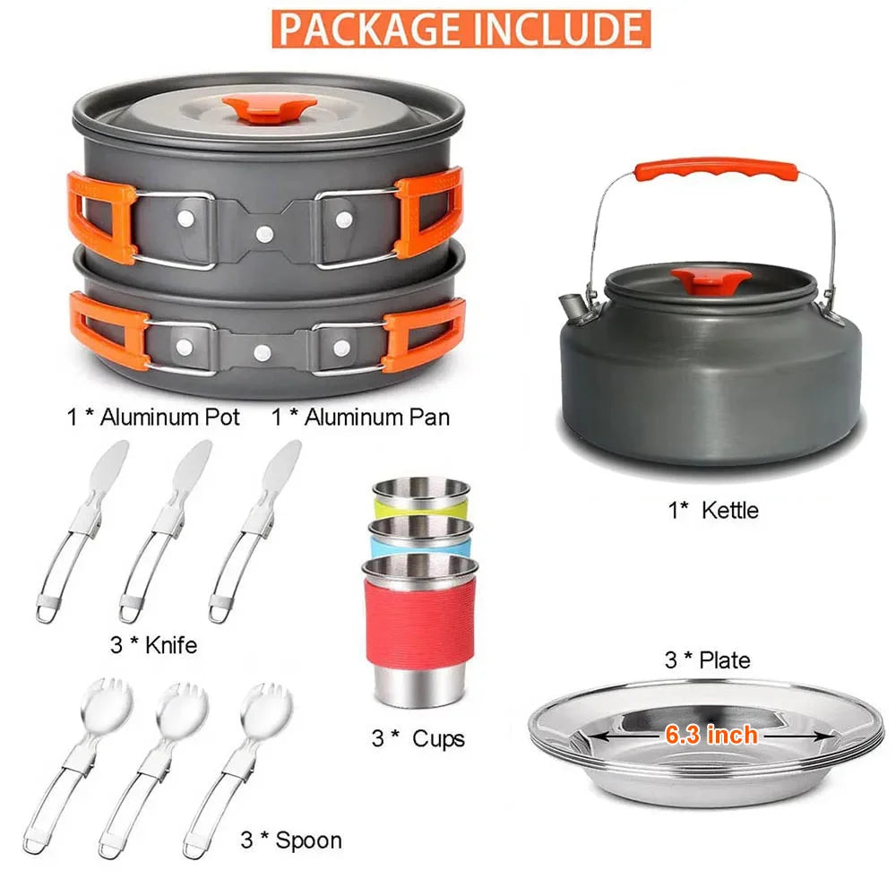 Camping Travel Equipment Tableware Cookware Kit Pots Burner