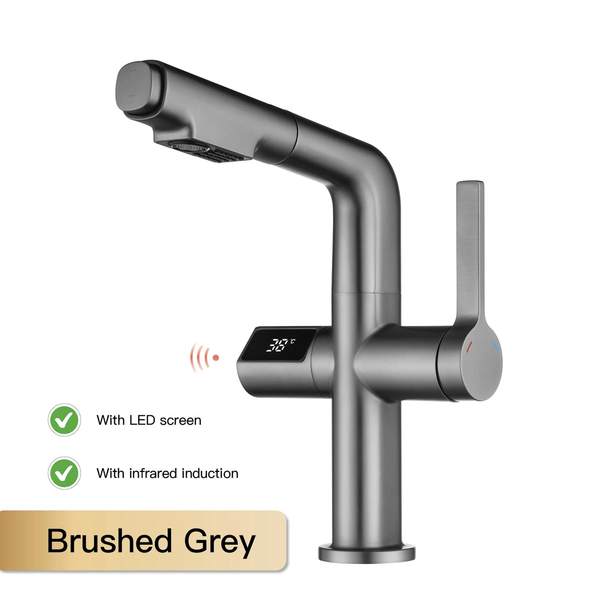 Light Luxury Gun Gray Brass Faucet Digital Display