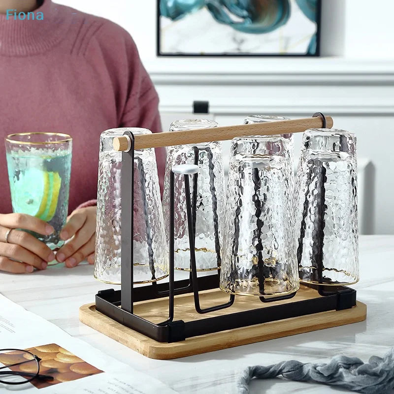 6-Cup Glass Cup Drying Rack Wooden Handle Countertop