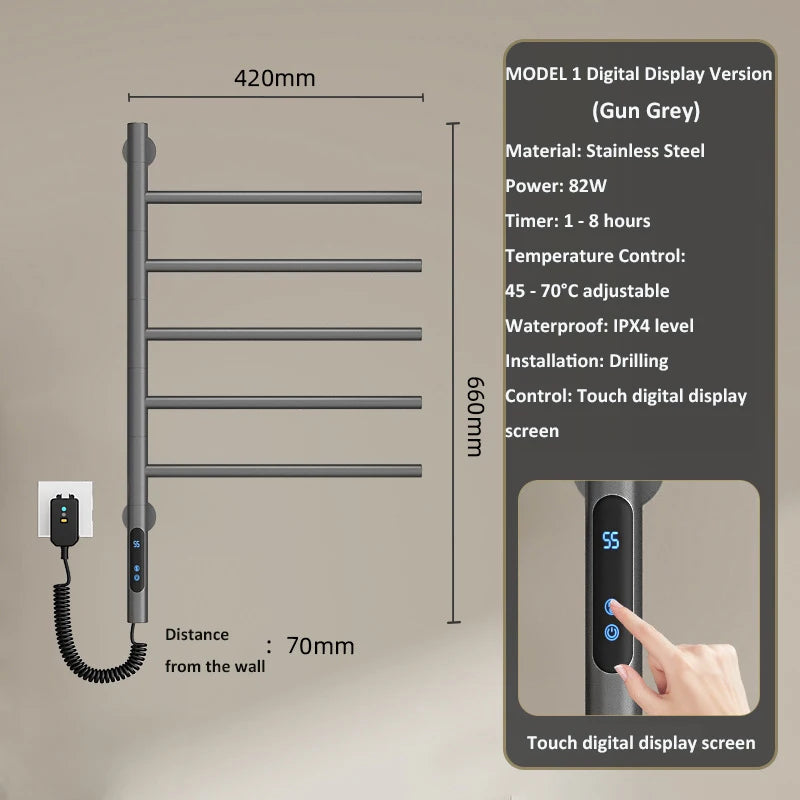 Electric Heated Towel Rack Rotating Bathroom Wall Mounted