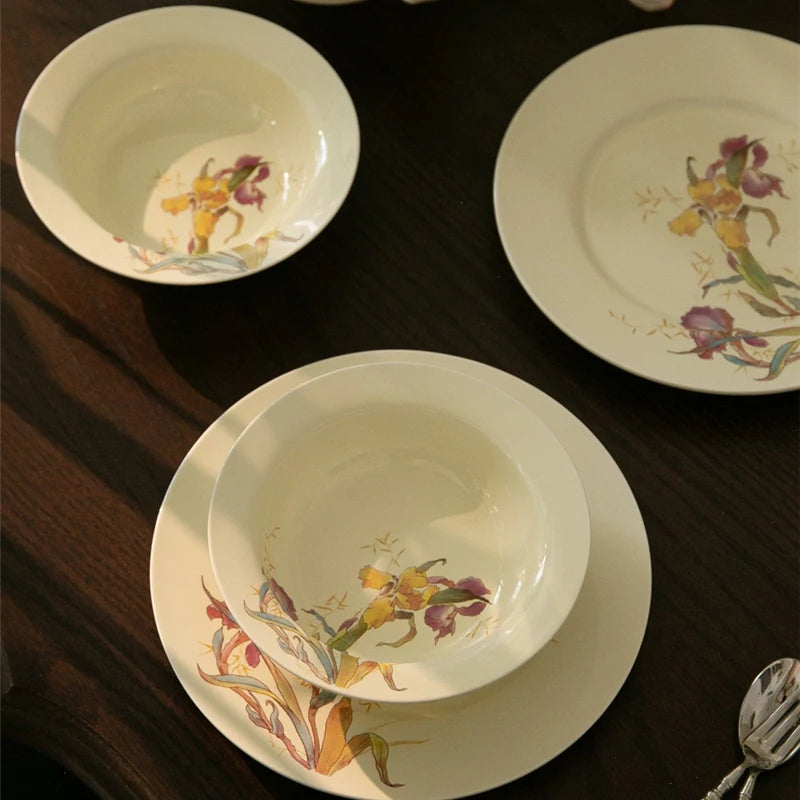 Ceramic Dinner Plate French Iris Dessert Bowl Dishes