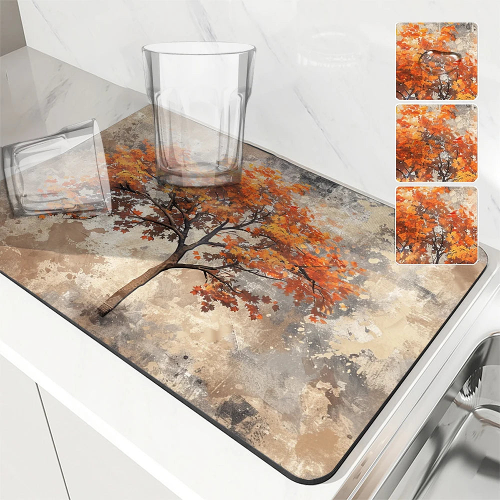 Large Absorbent Mat Autumn Leaves Antiskid Draining Coffee