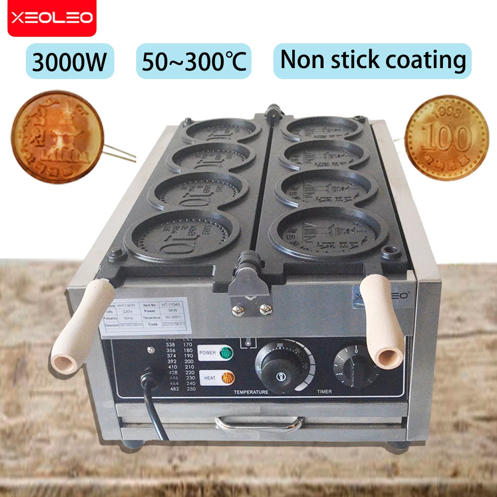 Xeoleo Commerical 4pcs Korean Coin Waffle Maker 3000w