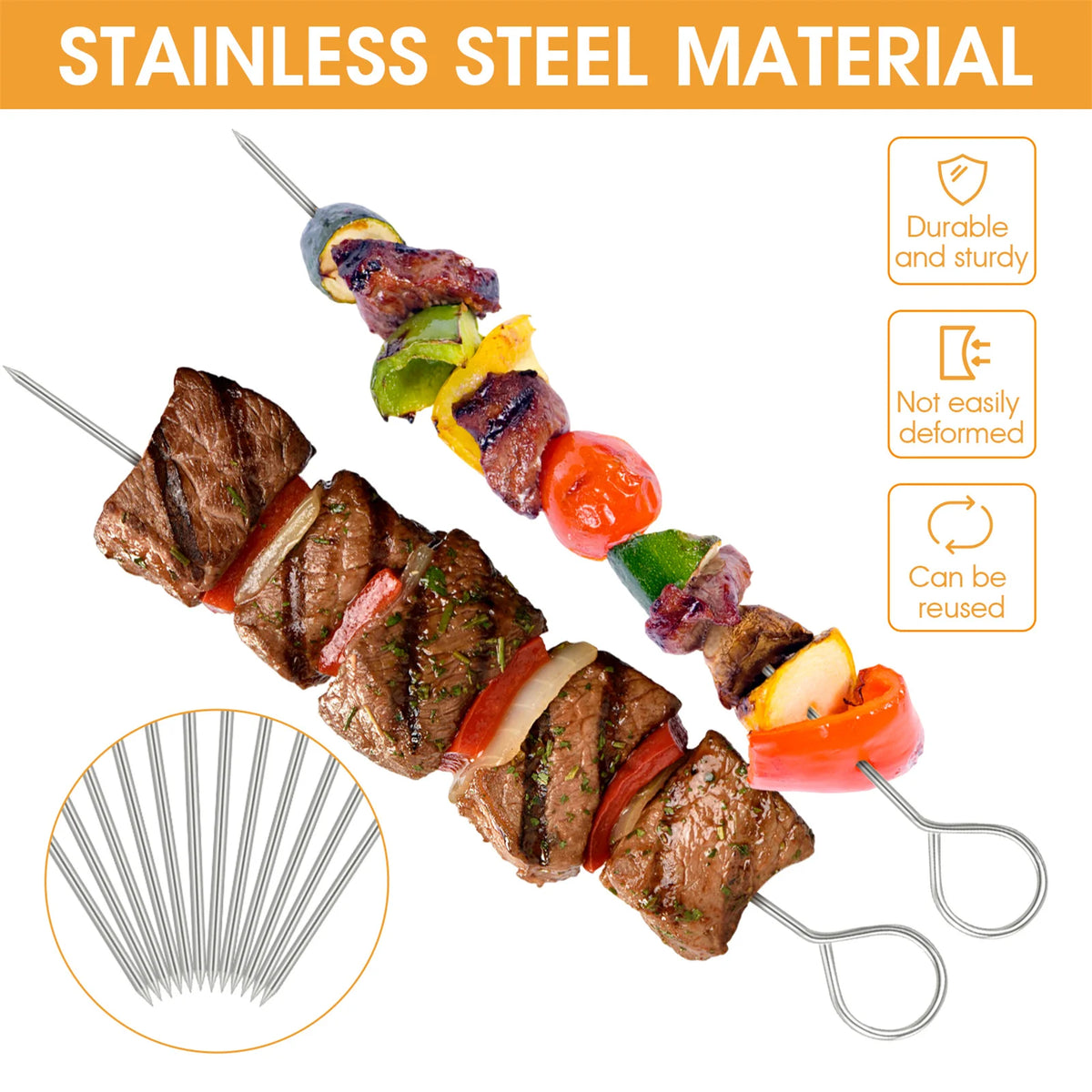 10/12pcs Stainless Steel Barbecue Skewer Reusable Bbq Kebab