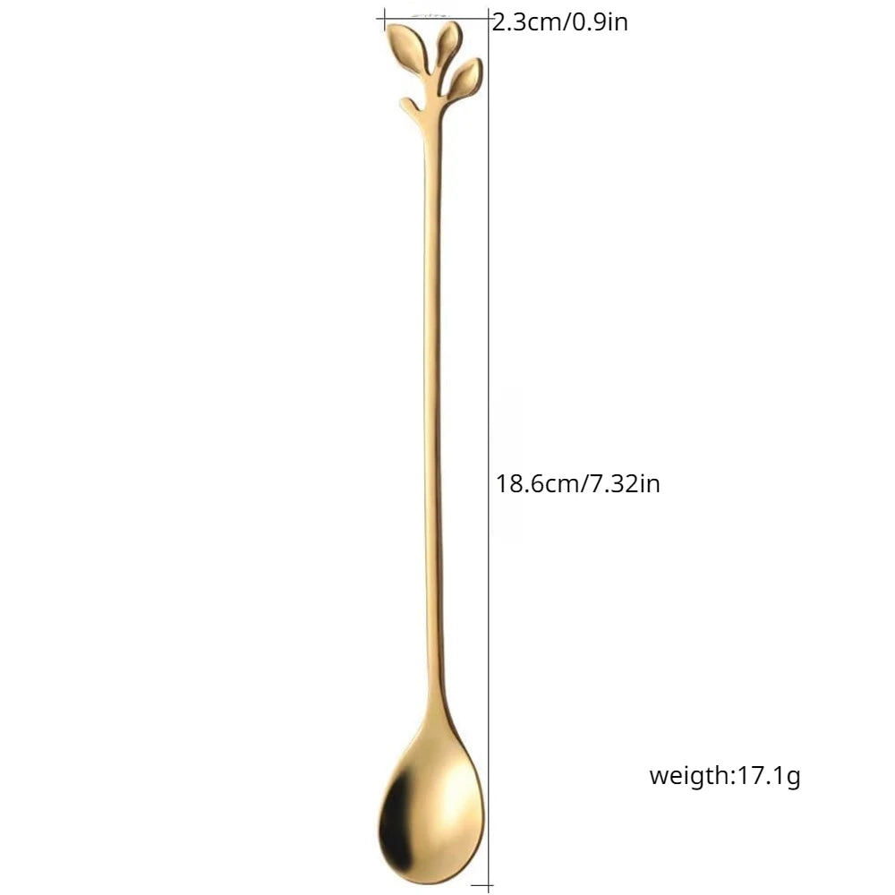 6pcs/Set Long Handle 4-Inch Leaf Teaspoons Gold Stainless