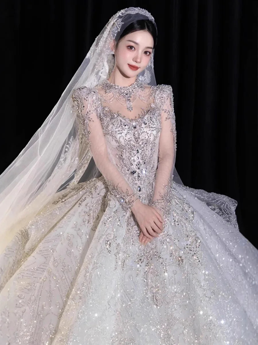 Full Sleeve Wedding Dresses Shinny Wedding Dress Classic