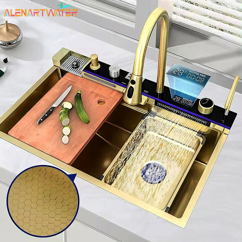 Golden Stainless Steel Sink Double Waterfall Digital Display