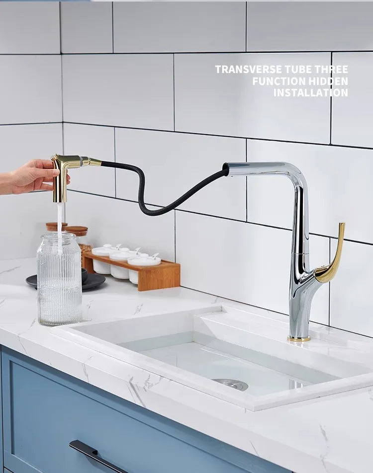 Brushed Gold Pull Out Faucet Tap Brass Crane