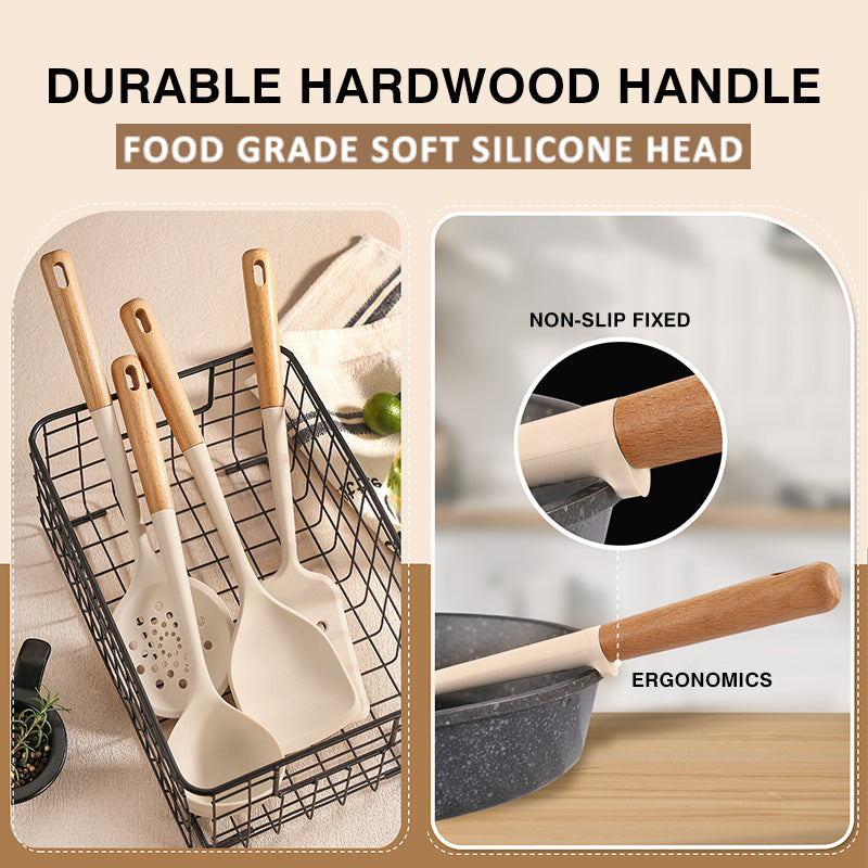Silicone Cooking Utensils Durable Hardwood Handle Heat Resistant