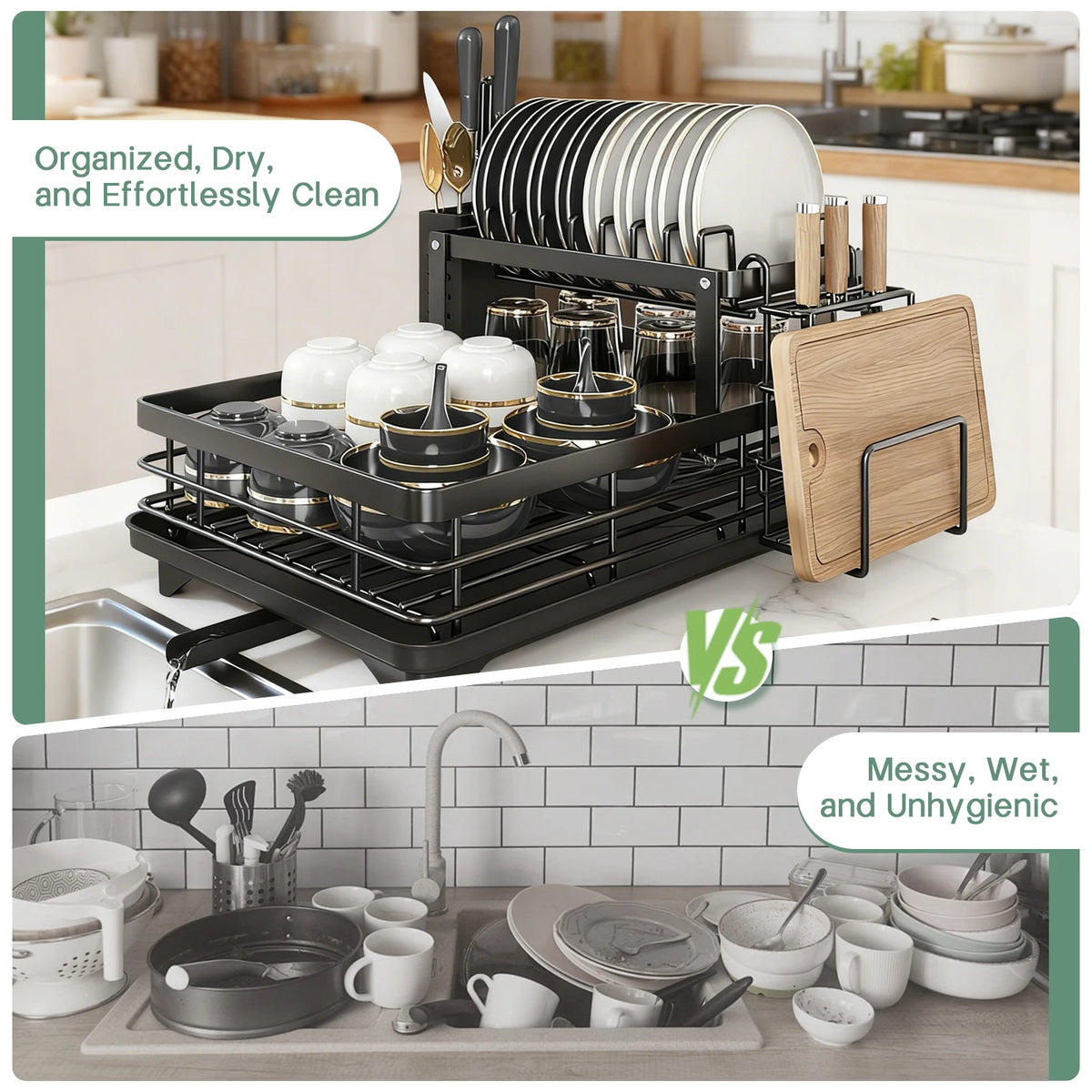 2-Layer Dish Drain Rack Is Suitable Countertop Metal