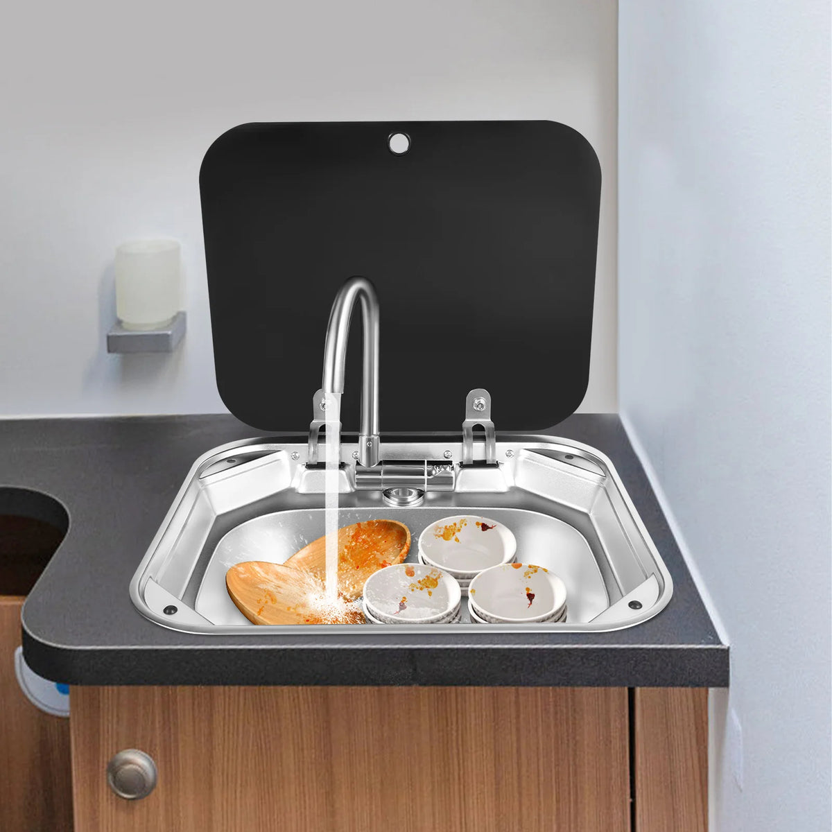 Rv Sink Foldable Tempered Glass Cover&Faucet Stainless Steel