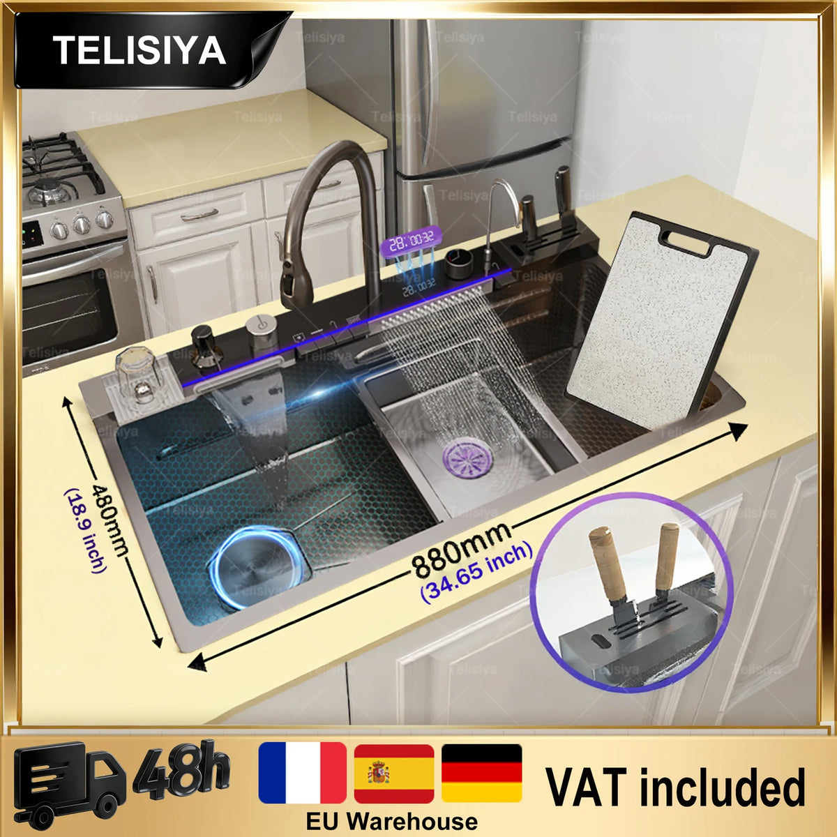Stainless Steel Sink Digital Display Waterfall Large Slot