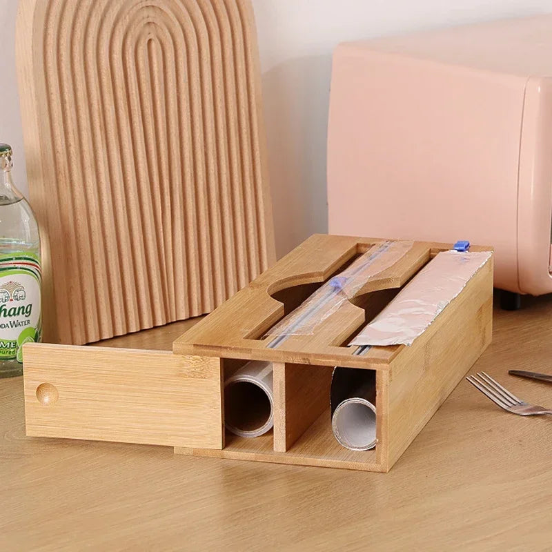 Bamboo Compartment Cling Film Tin Foil Cutter Box