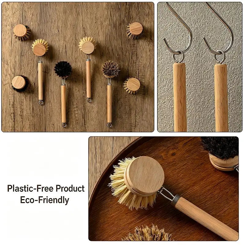 Wooden Handle Dish Brush Replacement Sisal Heads Cleaning