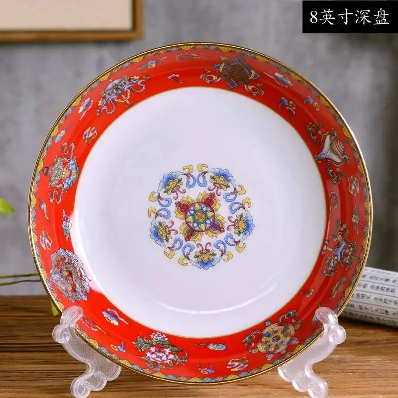 Gold Border Enamel Deep Plate Chinese Bone China