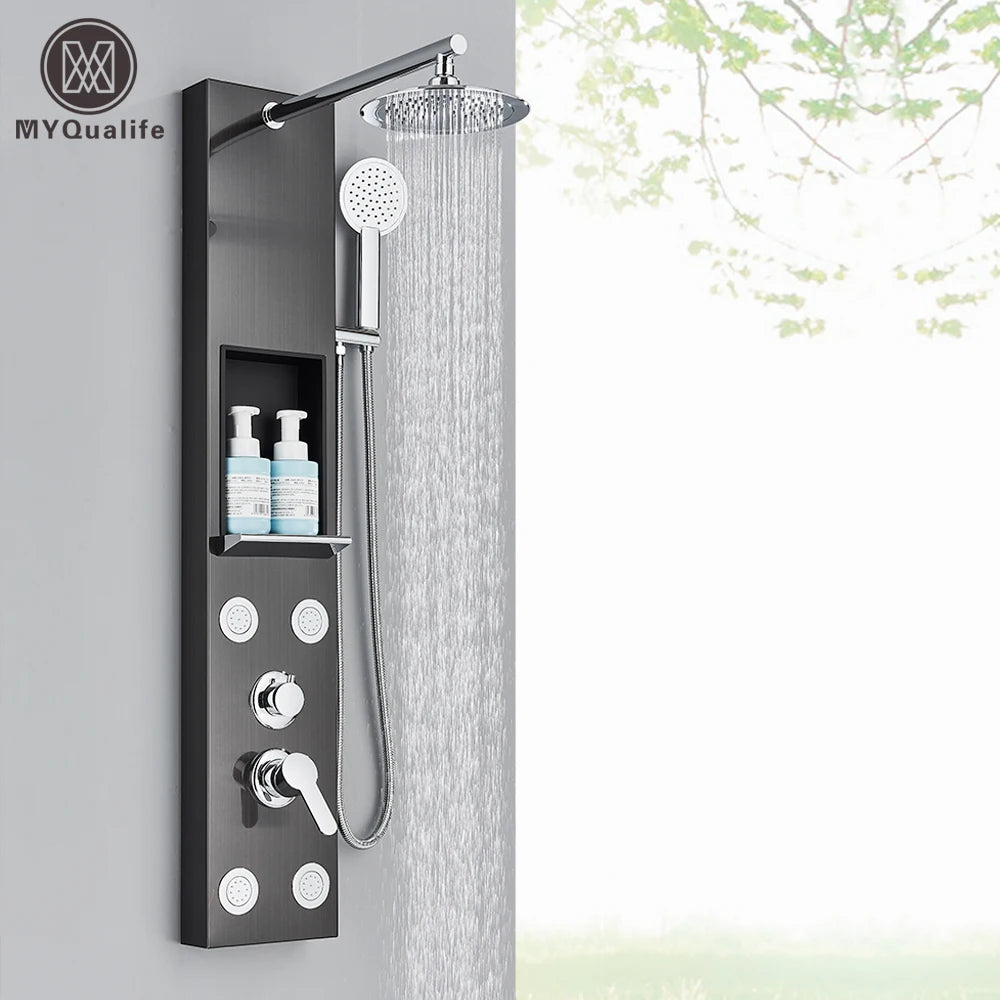 Black Shower Panel Storage Rack Rainfall Shower Faucet