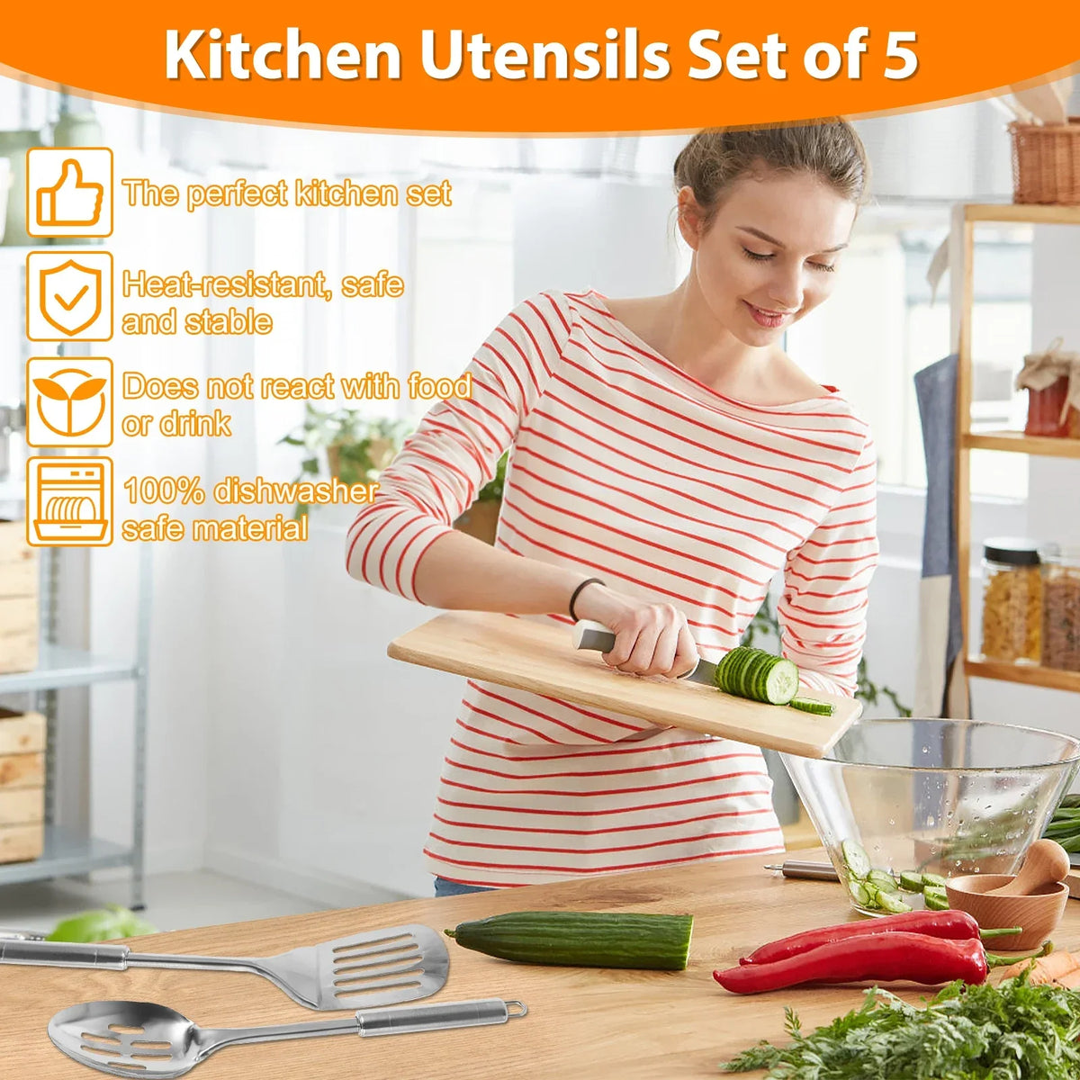 5pcs Cooking Utensils Stainless Steel Spoons Spatula Ergonomic