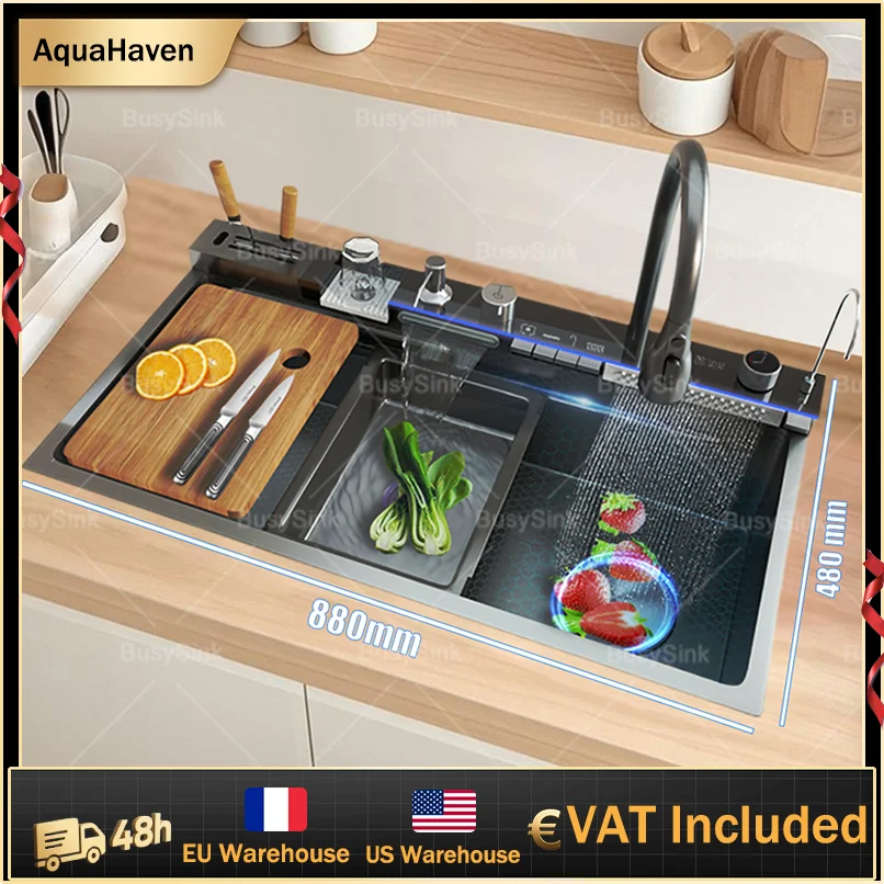Stainless Steel Waterfall Sink Digital Display Large Slot