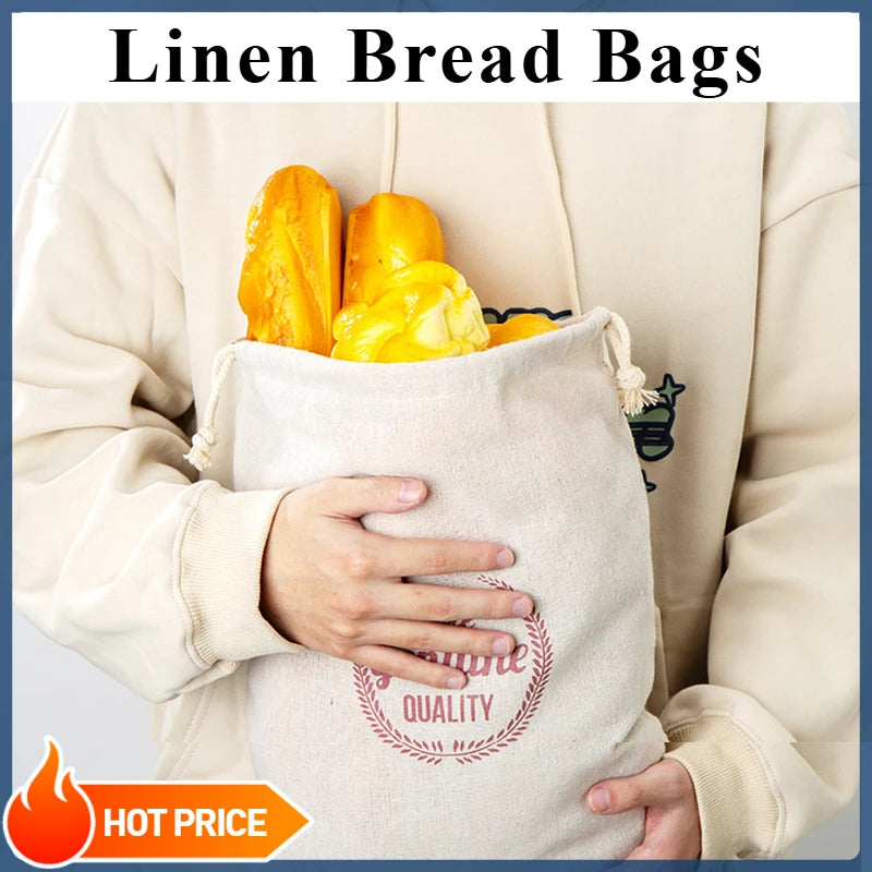 Linen Bread Bags Reusable Drawstring Organizer Homemade Artisan